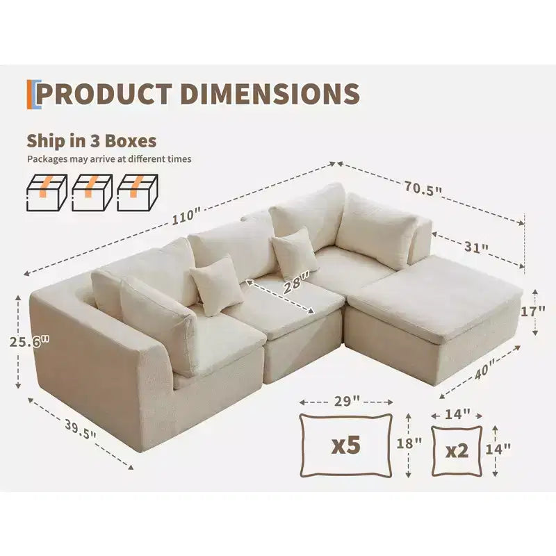 Sofa, 110 Convertible L-Shaped Modular Cloud Couch Chenille Deep Seat with Ottoman/Chaise Memory Foam Pillows for Living Room