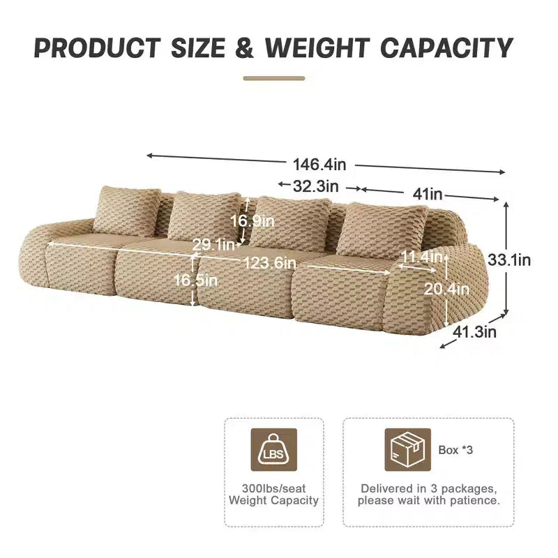 146 Modern Modular Sectional Sofa for Living Room,Flannelette Fabric,Oversized 4-Seater Couch,boneless sofa