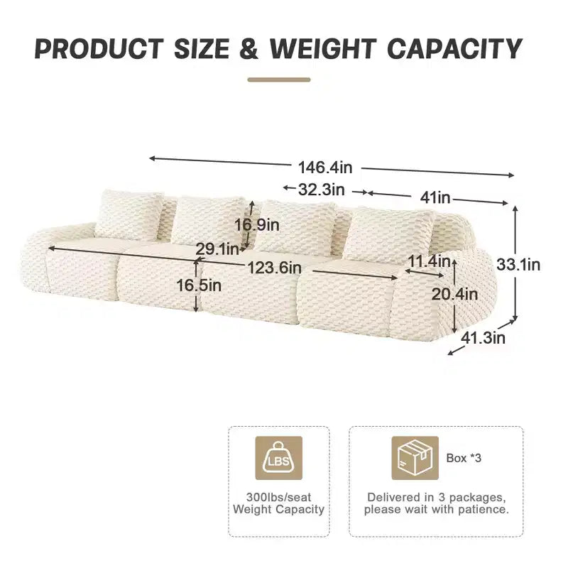 146 Modern Modular Sectional Sofa for Living Room,Flannelette Fabric,Oversized 4-Seater Couch,boneless sofa