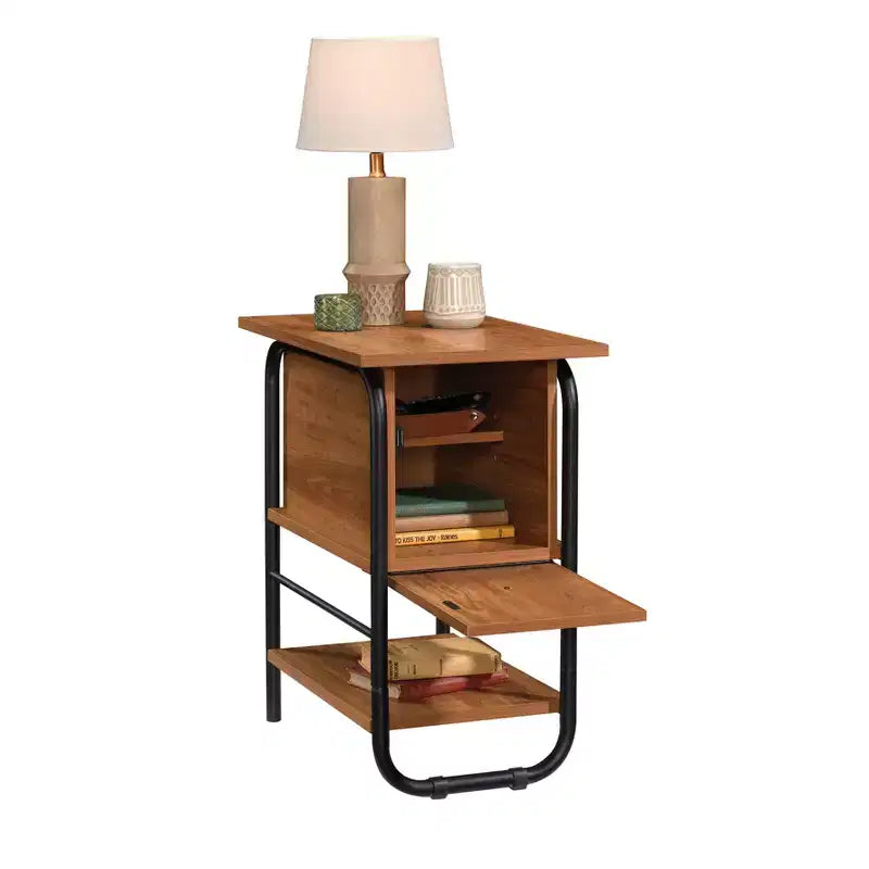GDFStudio Ellington Vintage Side Table with Concealed Storage and Metal Frame