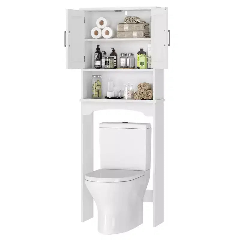 White Over-The-Toilet Storage Cabinet C Double Door Space Saver with Anti-Tipping Device & Open Shelf (Freestanding Bathroom Organizer)