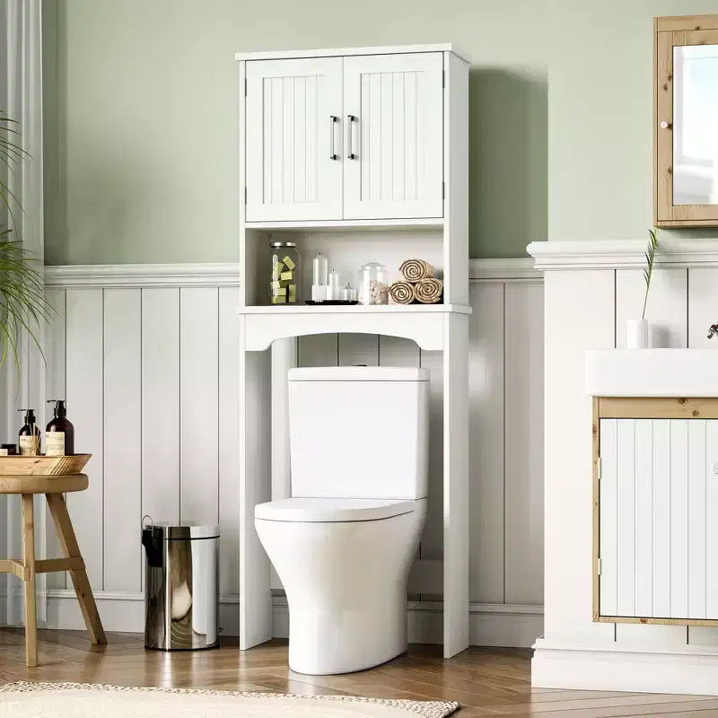 White Over-The-Toilet Storage Cabinet C Double Door Space Saver with Anti-Tipping Device & Open Shelf (Freestanding Bathroom Organizer)