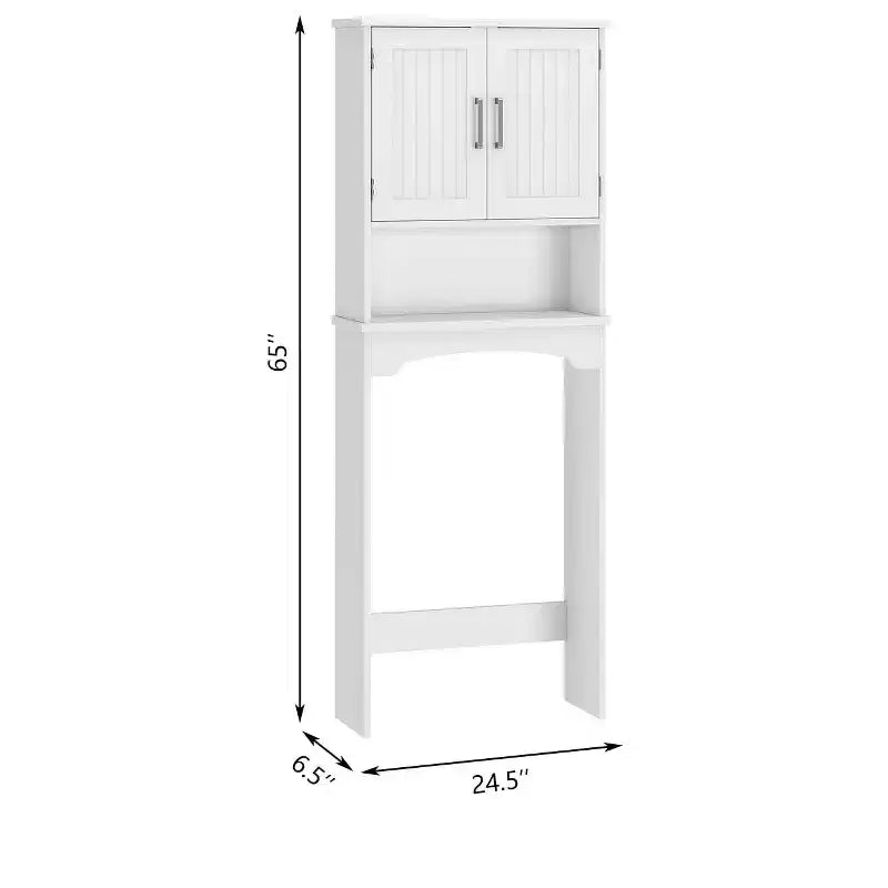 White Over-The-Toilet Storage Cabinet C Double Door Space Saver with Anti-Tipping Device & Open Shelf (Freestanding Bathroom Organizer)