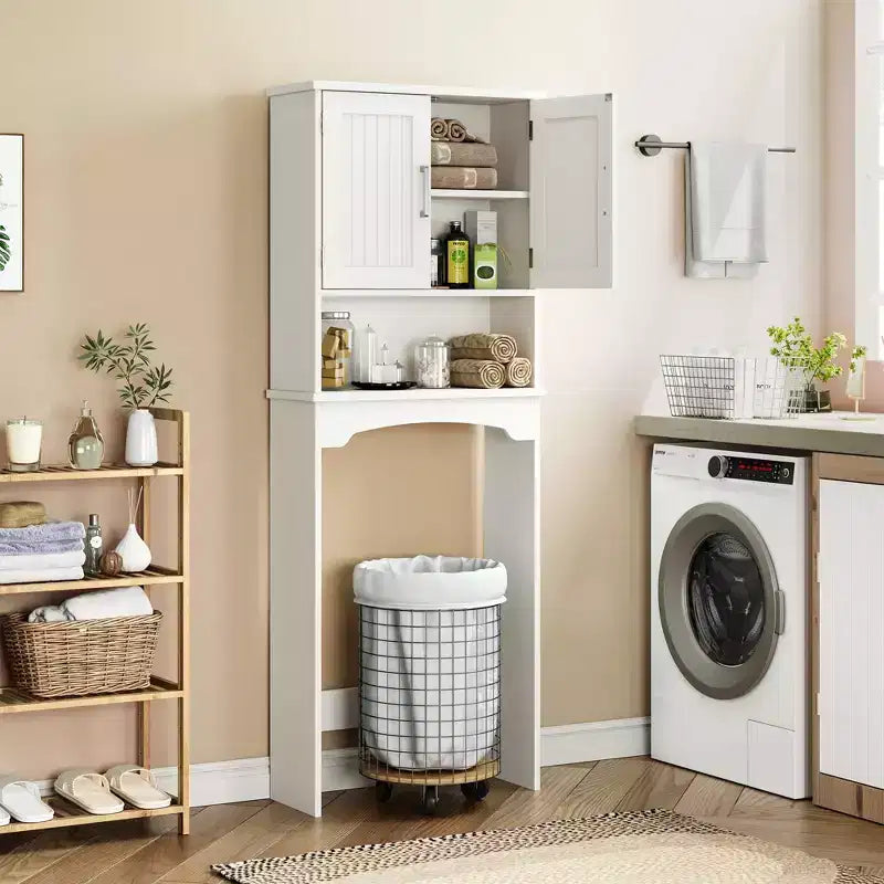White Over-The-Toilet Storage Cabinet C Double Door Space Saver with Anti-Tipping Device & Open Shelf (Freestanding Bathroom Organizer)