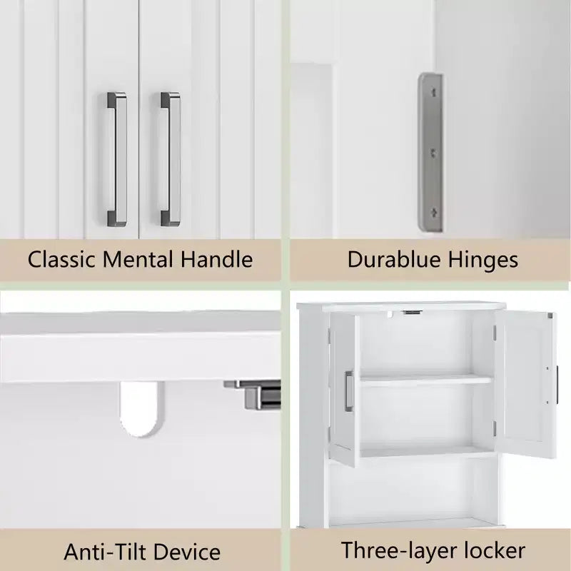 White Over-The-Toilet Storage Cabinet C Double Door Space Saver with Anti-Tipping Device & Open Shelf (Freestanding Bathroom Organizer)