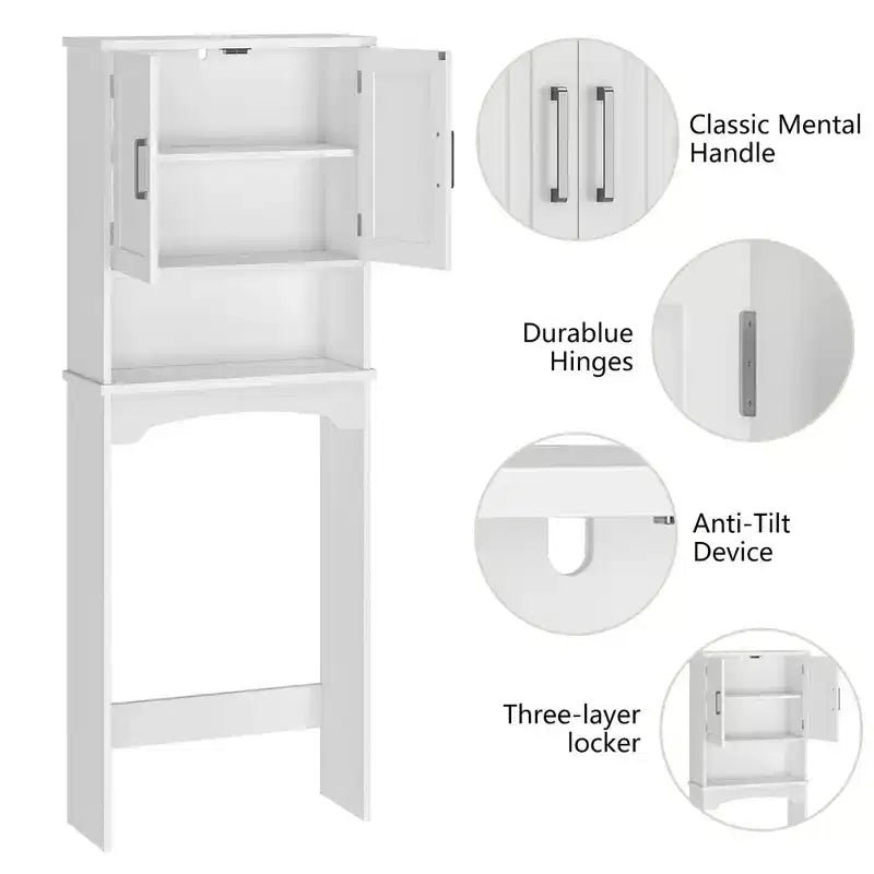 White Over-The-Toilet Storage Cabinet C Double Door Space Saver with Anti-Tipping Device & Open Shelf (Freestanding Bathroom Organizer)
