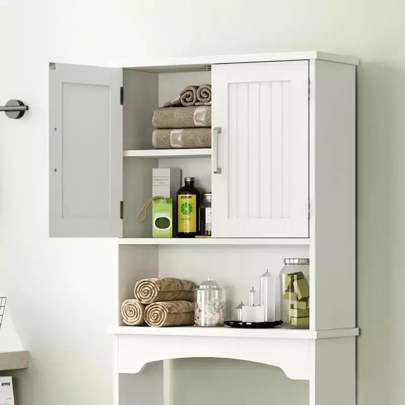 White Over-The-Toilet Storage Cabinet C Double Door Space Saver with Anti-Tipping Device & Open Shelf (Freestanding Bathroom Organizer)