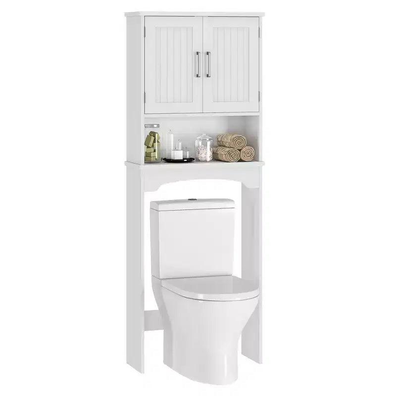 White Over-The-Toilet Storage Cabinet C Double Door Space Saver with Anti-Tipping Device & Open Shelf (Freestanding Bathroom Organizer)