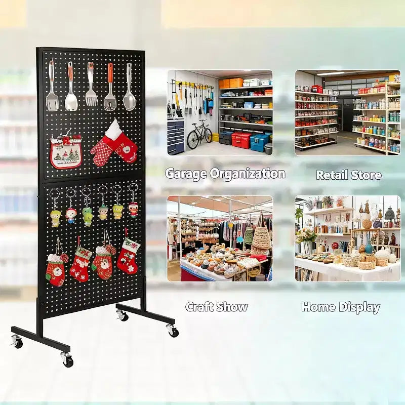 Heavy-Duty Metal Pegboard Display Rack, 2'x5' Floor Standing Organizer with Adjustable T-Base, Wheels & 10 Hooks for Retail, Market, Garage