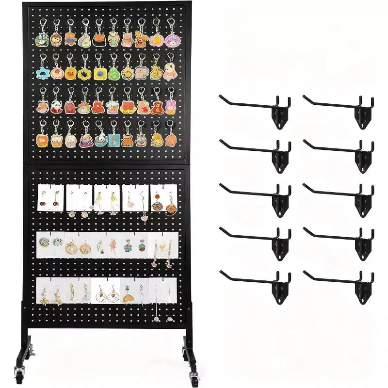 Heavy-Duty Metal Pegboard Display Rack, 2'x5' Floor Standing Organizer with Adjustable T-Base, Wheels & 10 Hooks for Retail, Market, Garage