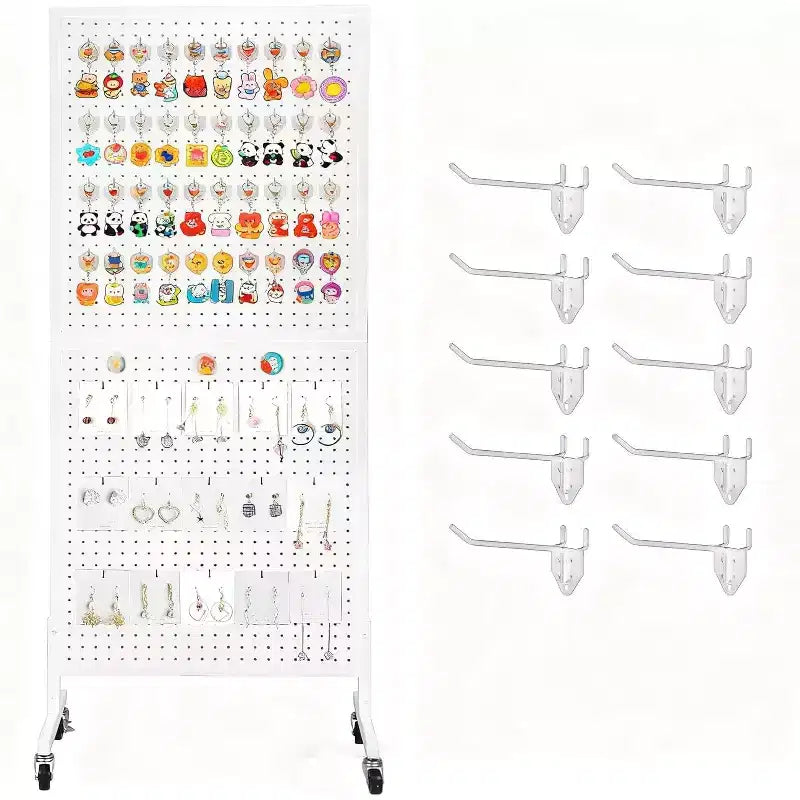 Heavy-Duty Metal Pegboard Display Rack, 2'x5' Floor Standing Organizer with Adjustable T-Base, Wheels & 10 Hooks for Retail, Market, Garage