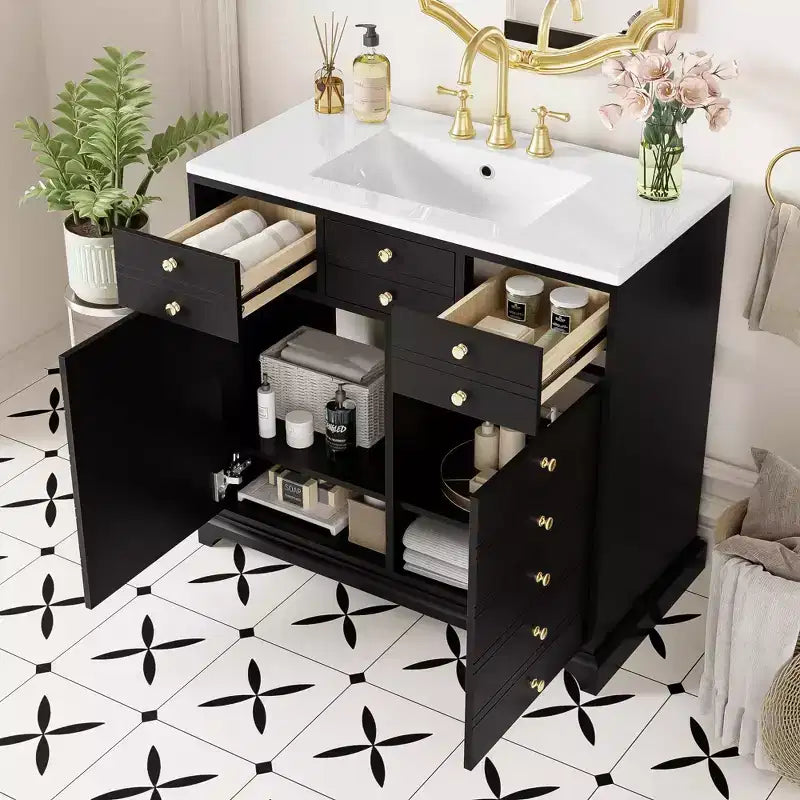 Bathroom Vanity with Sink, Bathroom Sink Vanity with 2 Drawers & 2 Soft Closing Doors, 16 Decorative Handles, Wooden Bathroom Sink Cabinet Black