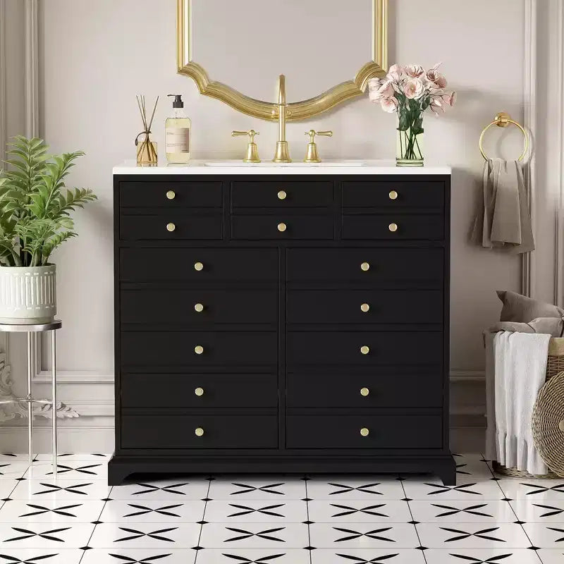 Bathroom Vanity with Sink, Bathroom Sink Vanity with 2 Drawers & 2 Soft Closing Doors, 16 Decorative Handles, Wooden Bathroom Sink Cabinet Black