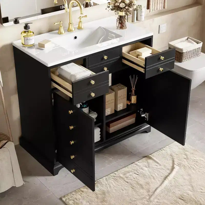 Bathroom Vanity with Sink, Bathroom Sink Vanity with 2 Drawers & 2 Soft Closing Doors, 16 Decorative Handles, Wooden Bathroom Sink Cabinet Black