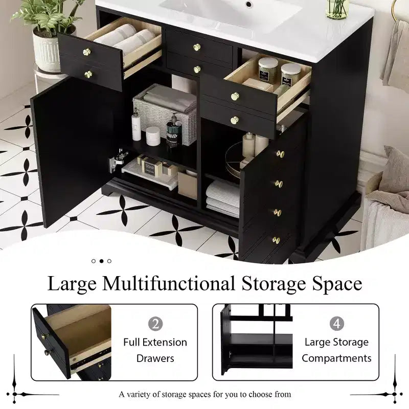 Bathroom Vanity with Sink, Bathroom Sink Vanity with 2 Drawers & 2 Soft Closing Doors, 16 Decorative Handles, Wooden Bathroom Sink Cabinet Black