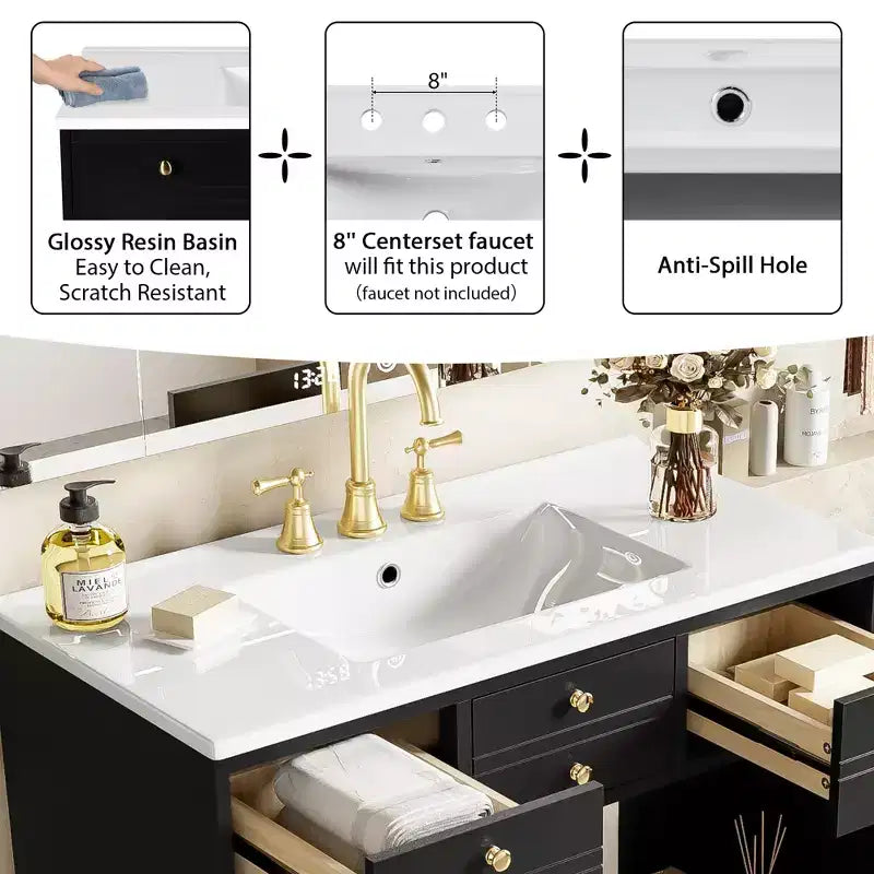 Bathroom Vanity with Sink, Bathroom Sink Vanity with 2 Drawers & 2 Soft Closing Doors, 16 Decorative Handles, Wooden Bathroom Sink Cabinet Black