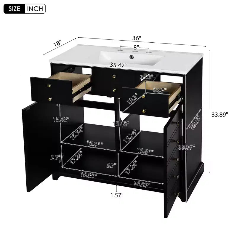 Bathroom Vanity with Sink, Bathroom Sink Vanity with 2 Drawers & 2 Soft Closing Doors, 16 Decorative Handles, Wooden Bathroom Sink Cabinet Black