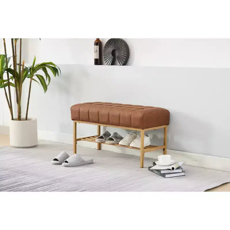 32 Soft Teddy Shoe Bench with Shelf,Modern End-of-Bed Ottoman Bench,Entryway Bench with Storage & Metal Legs,300lbs Capacity