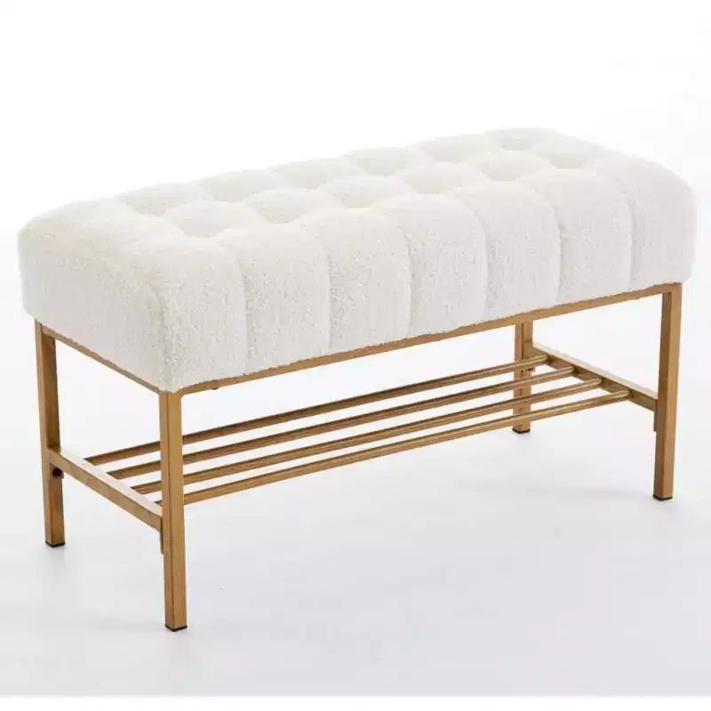 32 Soft Teddy Shoe Bench with Shelf,Modern End-of-Bed Ottoman Bench,Entryway Bench with Storage & Metal Legs,300lbs Capacity