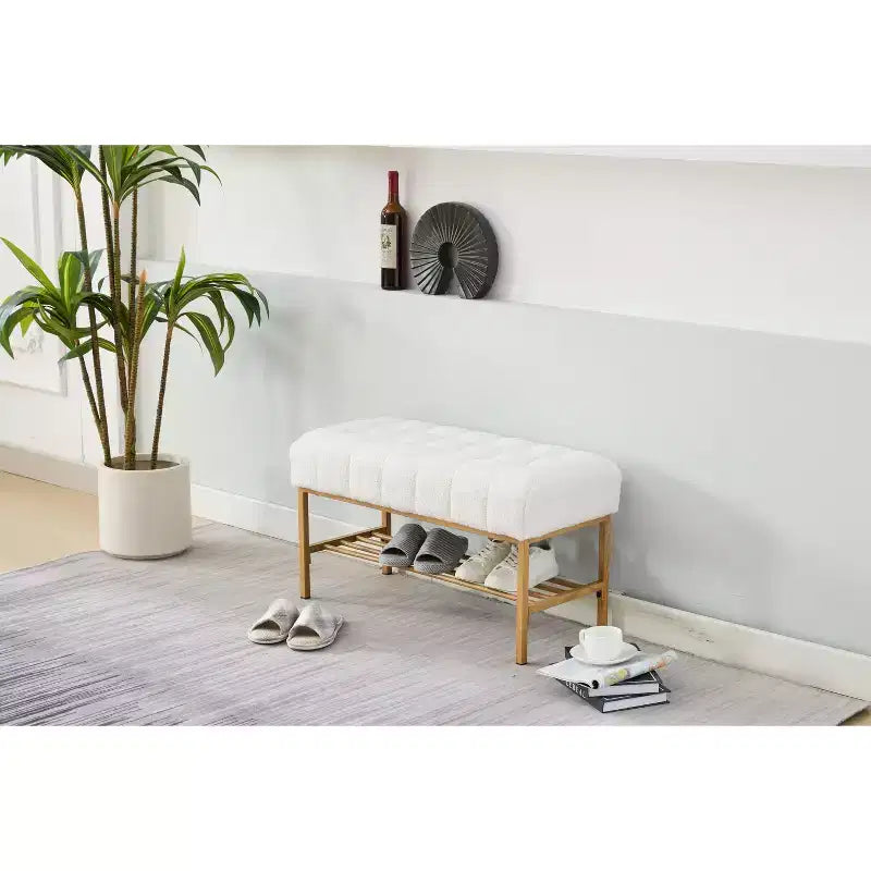 32 Soft Teddy Shoe Bench with Shelf,Modern End-of-Bed Ottoman Bench,Entryway Bench with Storage & Metal Legs,300lbs Capacity