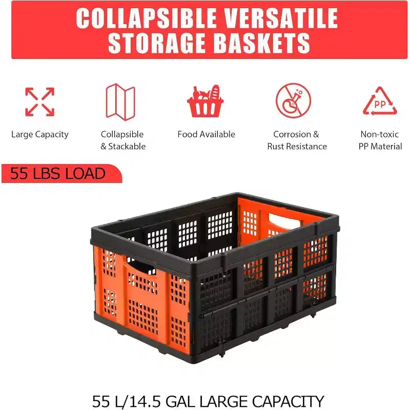 55L Collapsible Milk Crate, Stackable Storage Basket with Handles for Home, Garage, Camping