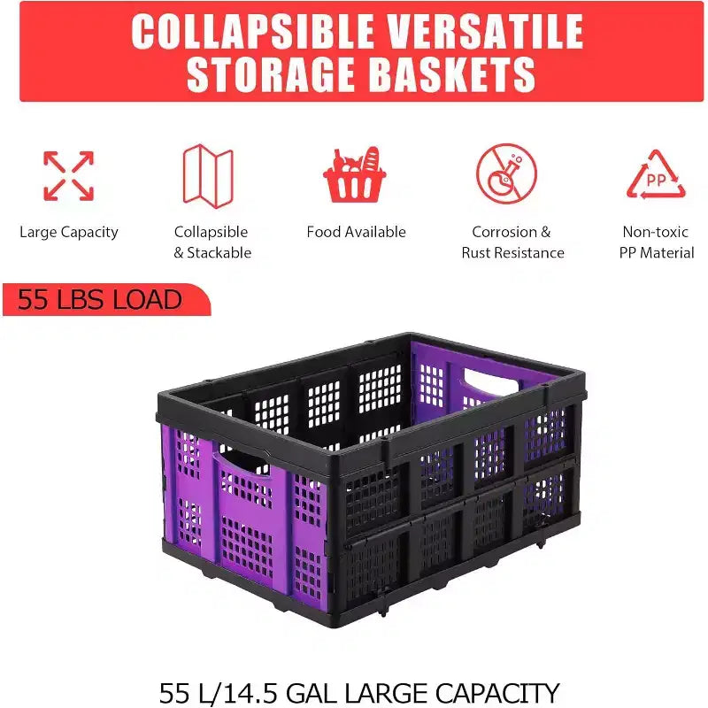 55L Collapsible Milk Crate, Stackable Storage Basket with Handles for Home, Garage, Camping