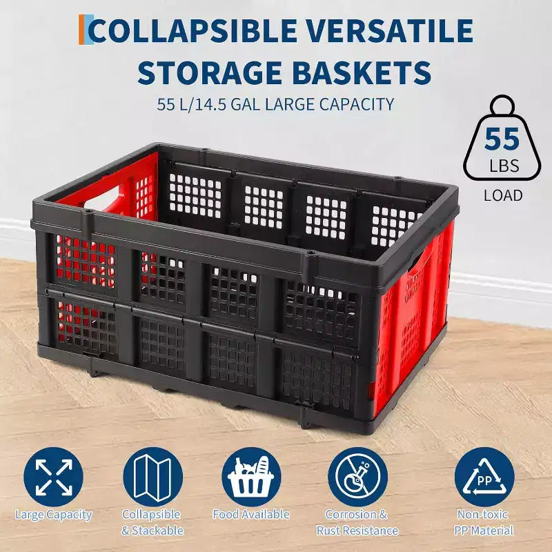 55L Collapsible Milk Crate, Stackable Storage Basket with Handles for Home, Garage, Camping