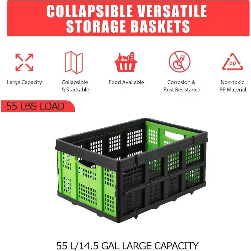 55L Collapsible Milk Crate, Stackable Storage Basket with Handles for Home, Garage, Camping
