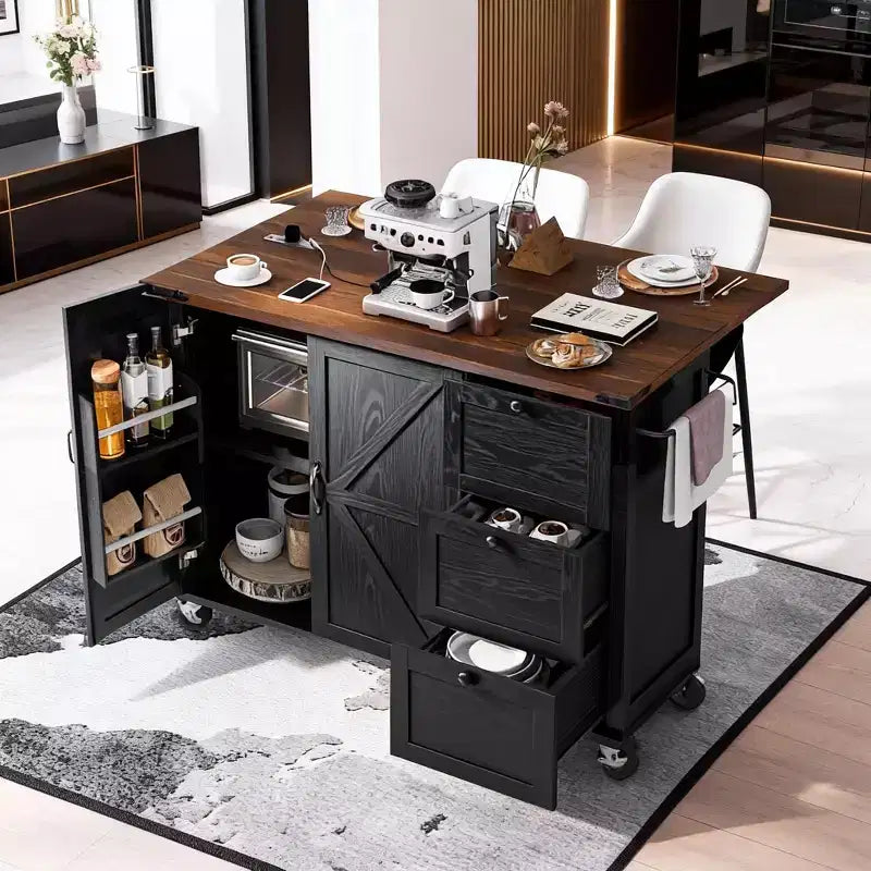 Farmhouse Rolling Kitchen Island with Power Outlet & Drop Leaf, Storage Cabinet with Internal Door Racks, Spice Rack & Wheels, Black