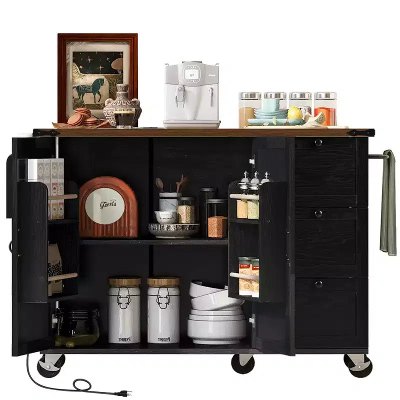 Farmhouse Rolling Kitchen Island with Power Outlet & Drop Leaf, Storage Cabinet with Internal Door Racks, Spice Rack & Wheels, Black