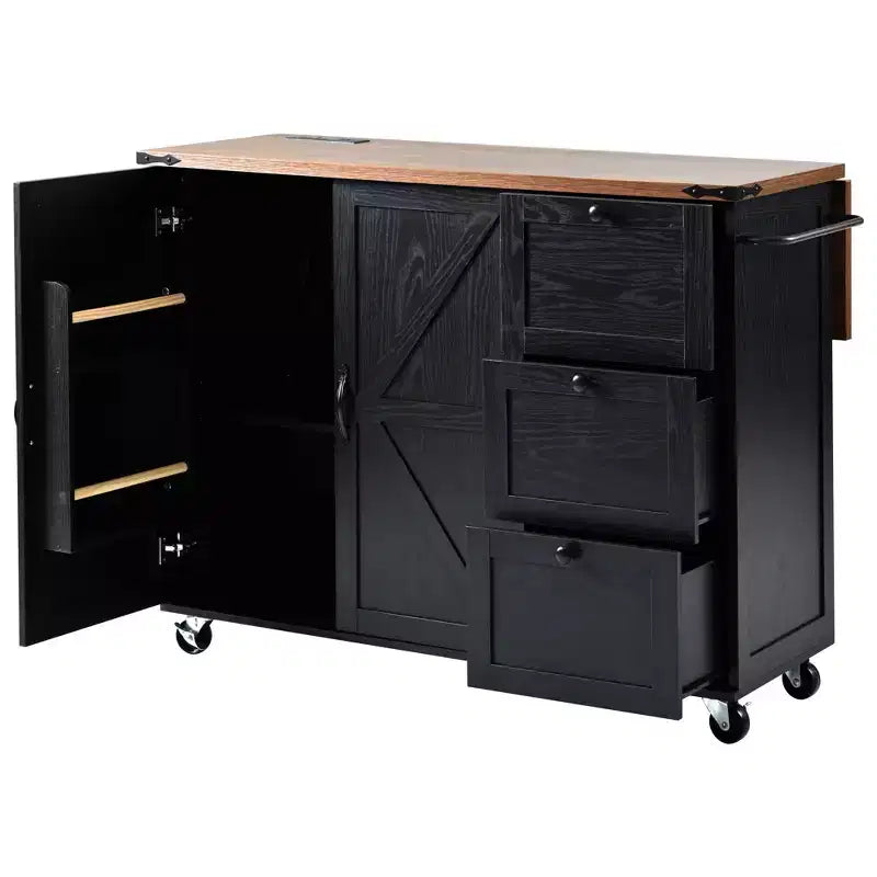 Farmhouse Rolling Kitchen Island with Power Outlet & Drop Leaf, Storage Cabinet with Internal Door Racks, Spice Rack & Wheels, Black