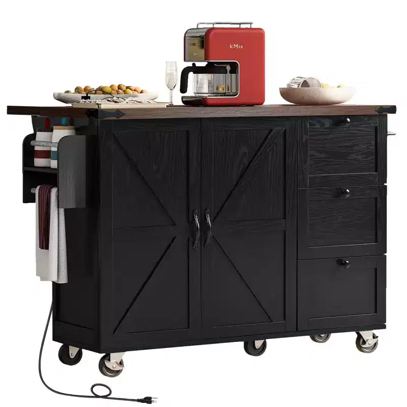Farmhouse Rolling Kitchen Island with Power Outlet & Drop Leaf, Storage Cabinet with Internal Door Racks, Spice Rack & Wheels, Black