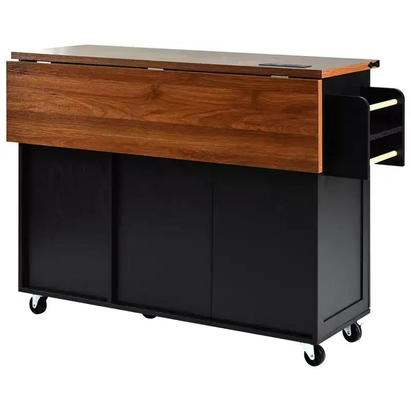 Farmhouse Rolling Kitchen Island with Power Outlet & Drop Leaf, Storage Cabinet with Internal Door Racks, Spice Rack & Wheels, Black