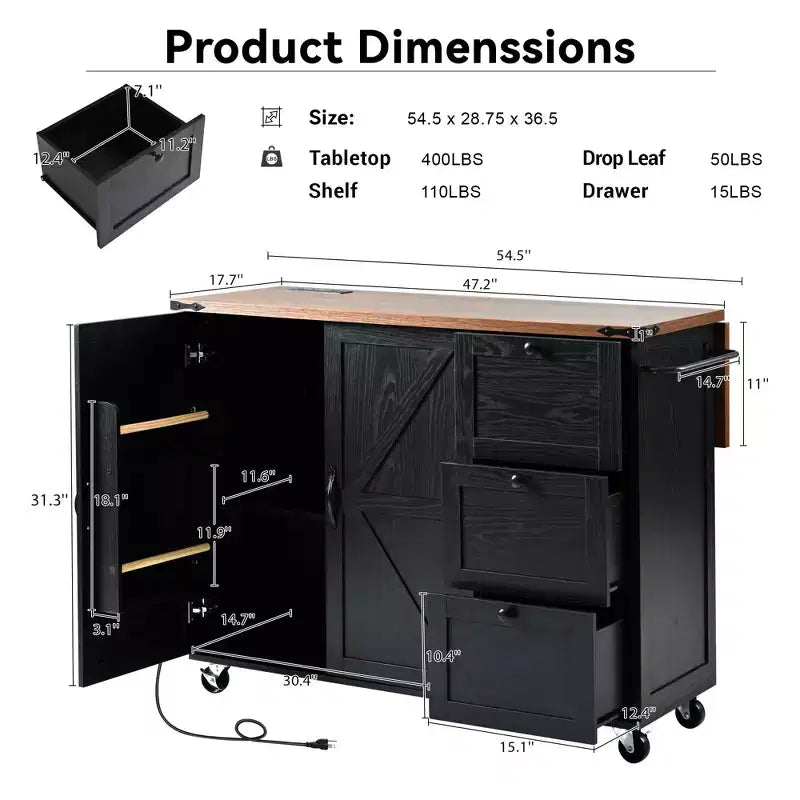 Farmhouse Rolling Kitchen Island with Power Outlet & Drop Leaf, Storage Cabinet with Internal Door Racks, Spice Rack & Wheels, Black