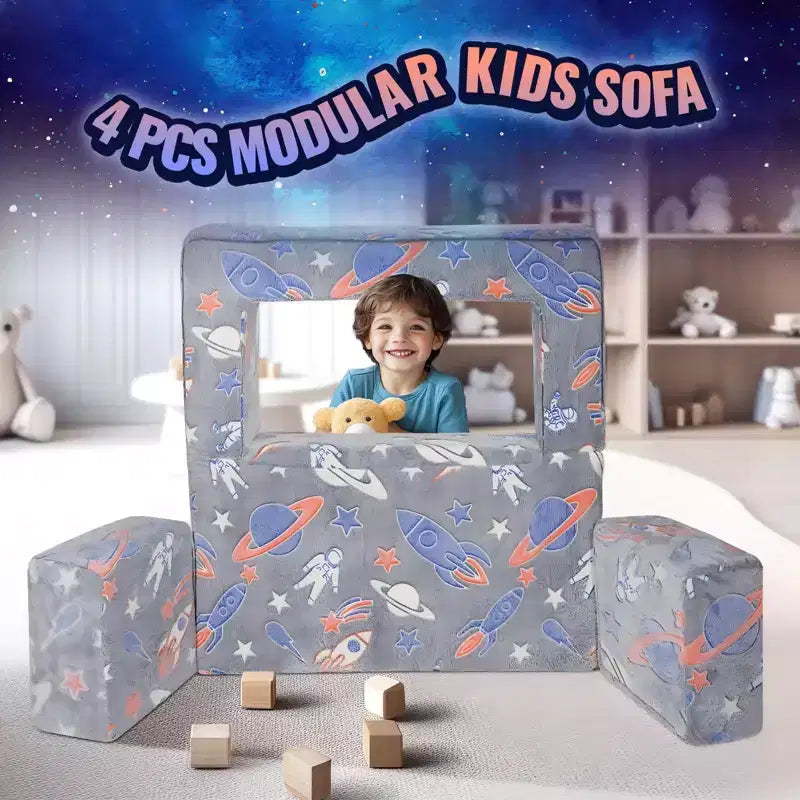 Kids Modular Play Couch 4 Piece Toddler Sofa Bed Sectional with Removable Cover Dark Grey