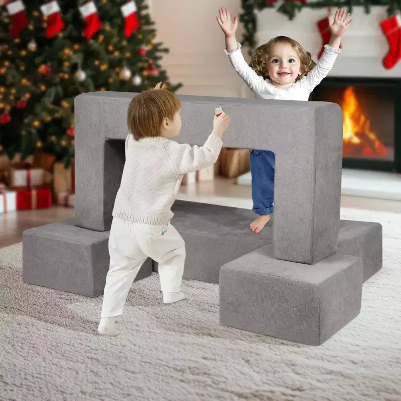 Kids Modular Play Couch 4 Piece Toddler Sofa Bed Sectional with Removable Cover Dark Grey