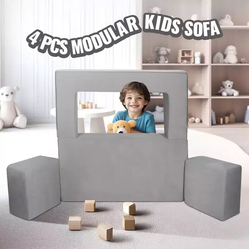 Kids Modular Play Couch 4 Piece Toddler Sofa Bed Sectional with Removable Cover Dark Grey