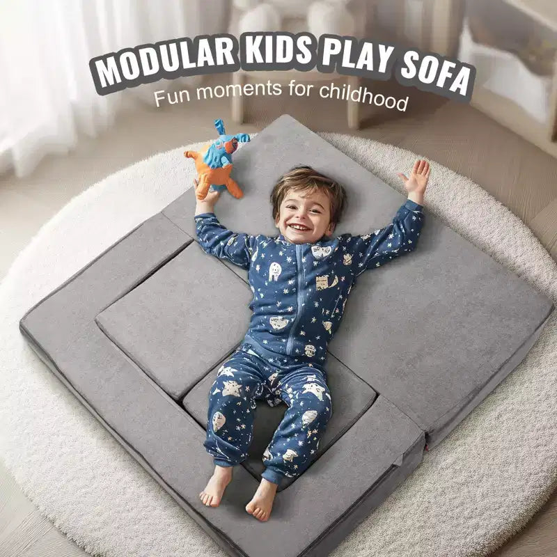 Kids Modular Play Couch 4 Piece Toddler Sofa Bed Sectional with Removable Cover Dark Grey