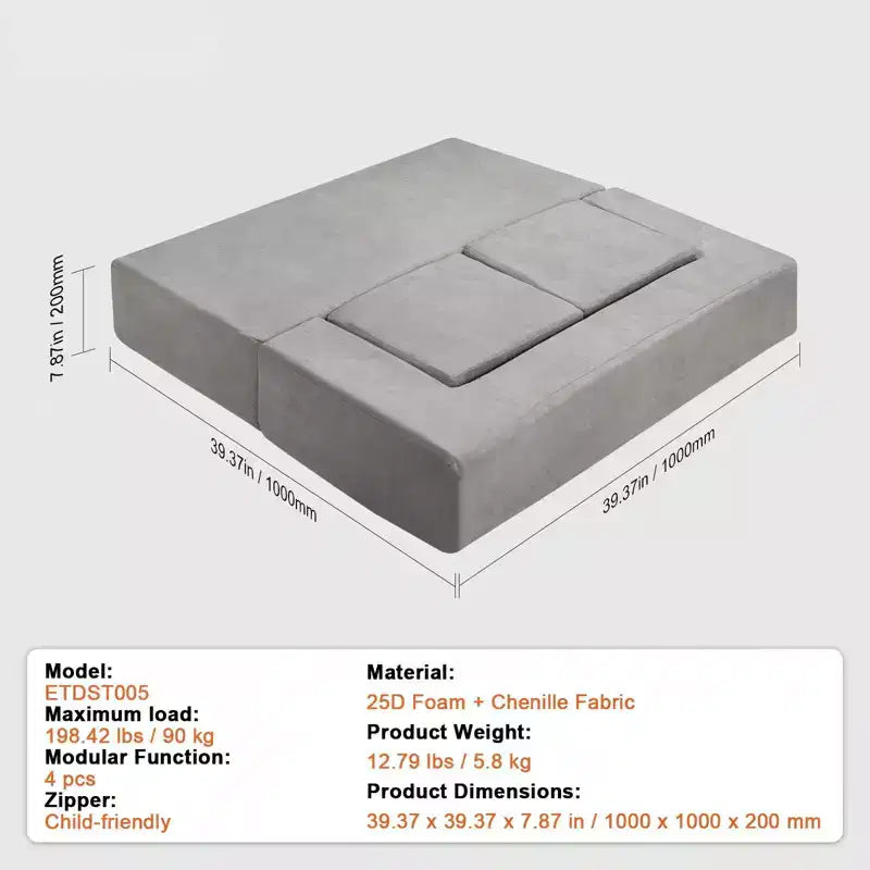Kids Modular Play Couch 4 Piece Toddler Sofa Bed Sectional with Removable Cover Dark Grey