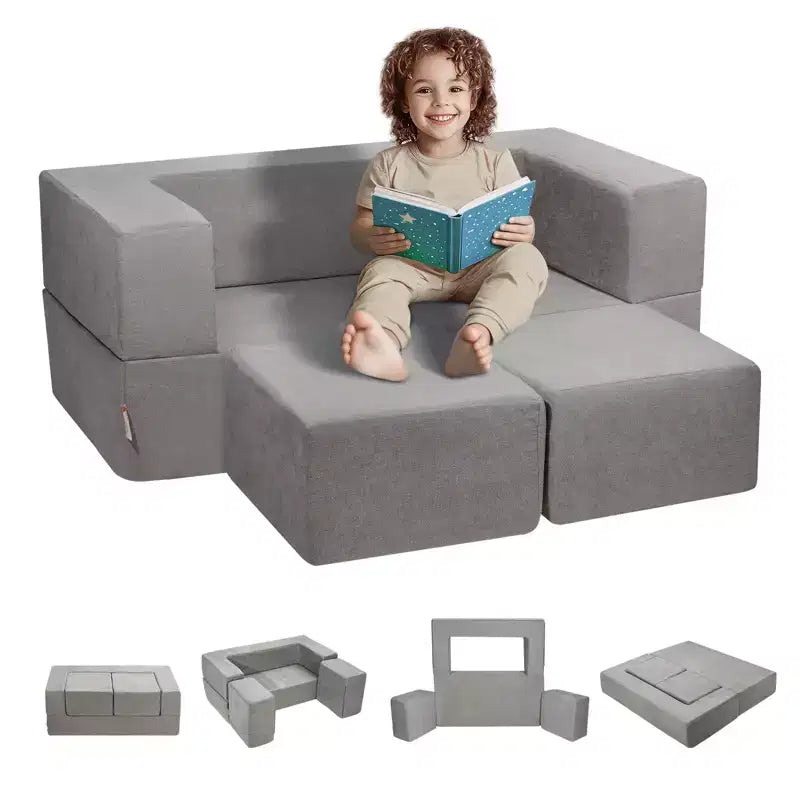 Kids Modular Play Couch 4 Piece Toddler Sofa Bed Sectional with Removable Cover Dark Grey