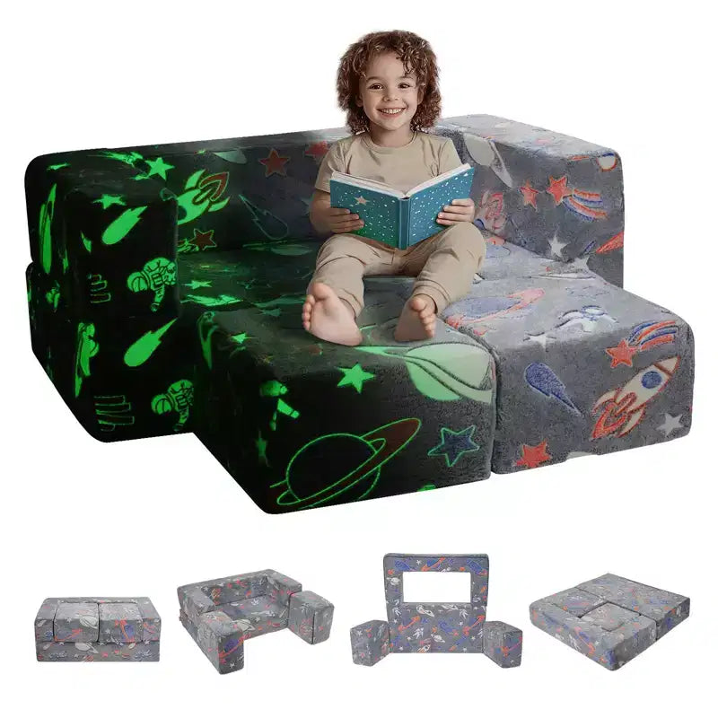 Kids Modular Play Couch 4 Piece Toddler Sofa Bed Sectional with Removable Cover Dark Grey