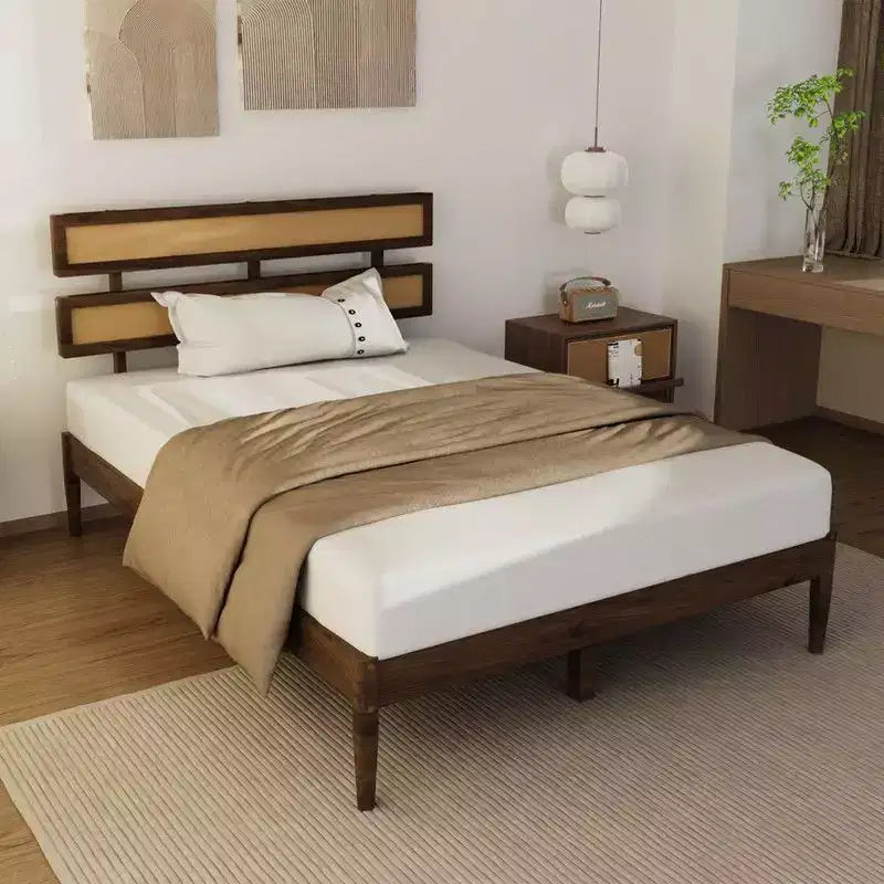 Karl Home Solid Wood Full Bed Frame Platform Bedframe with Rattan Headboard