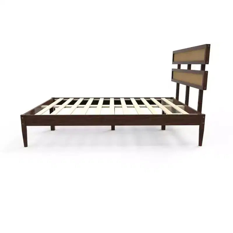 Solid Wood Full Bed Frame Platform Bedframe with Rattan Headboard
