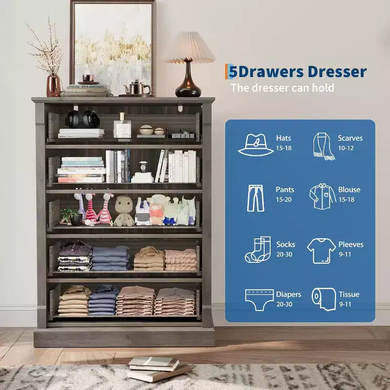 5 Drawer Dresser for Bedroom, Farmhouse Tall Chest of Drawers with Metal Handles, Rustic Wooden Dresser for Living Room, Hallway