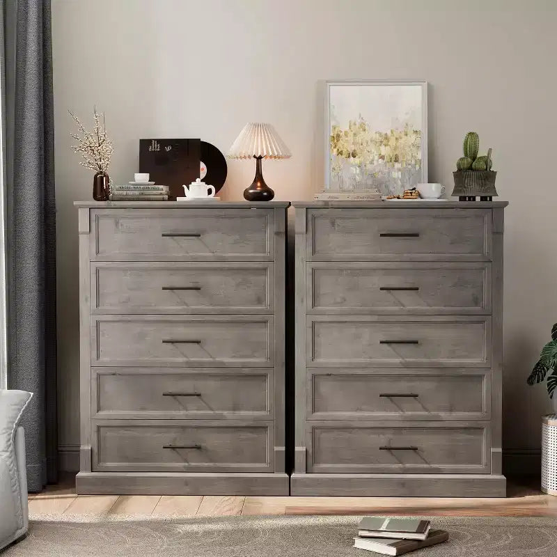 5 Drawer Dresser for Bedroom, Farmhouse Tall Chest of Drawers with Metal Handles, Rustic Wooden Dresser for Living Room, Hallway