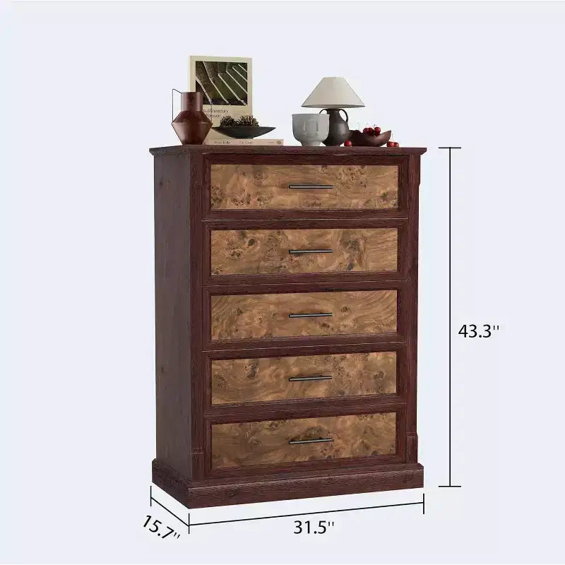 5 Drawer Dresser for Bedroom, Farmhouse Tall Chest of Drawers with Metal Handles, Rustic Wooden Dresser for Living Room, Hallway