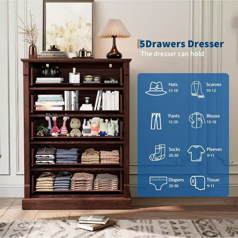 5 Drawer Dresser for Bedroom, Farmhouse Tall Chest of Drawers with Metal Handles, Rustic Wooden Dresser for Living Room, Hallway
