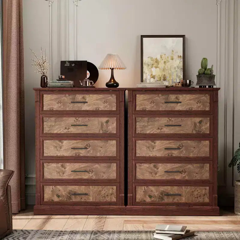 5 Drawer Dresser for Bedroom, Farmhouse Tall Chest of Drawers with Metal Handles, Rustic Wooden Dresser for Living Room, Hallway