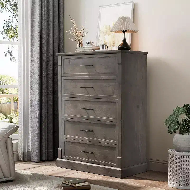 5 Drawer Dresser for Bedroom, Farmhouse Tall Chest of Drawers with Metal Handles, Rustic Wooden Dresser for Living Room, Hallway