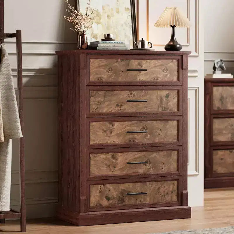 5 Drawer Dresser for Bedroom, Farmhouse Tall Chest of Drawers with Metal Handles, Rustic Wooden Dresser for Living Room, Hallway